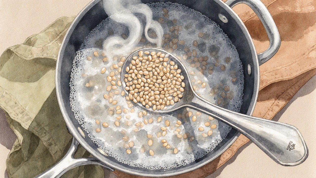 Блюдо с кипящей гречкой, пар и сияющие зерна на фоне.