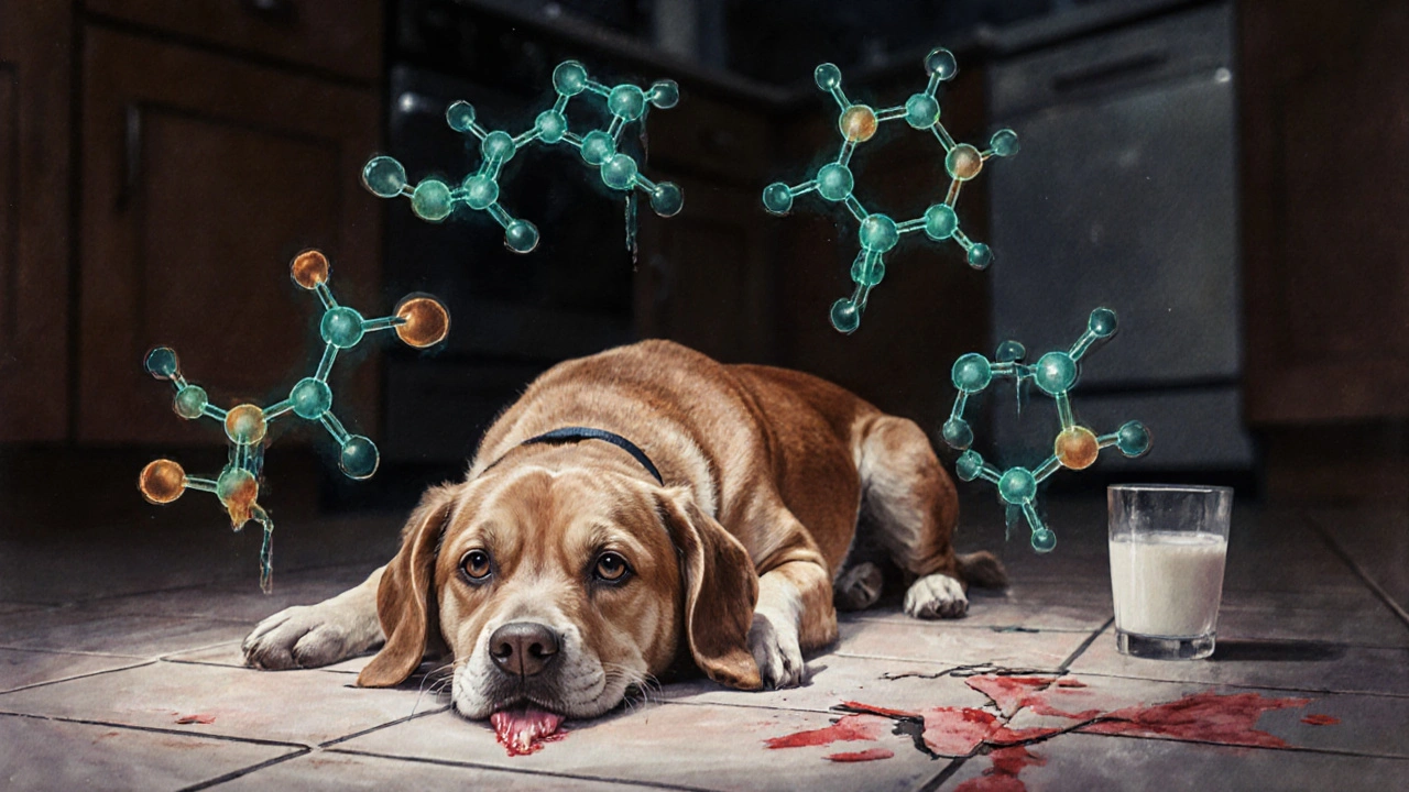 Больная собака на полу, рядом мерцают молекулы токсинов, создавая атмосферу опасности.