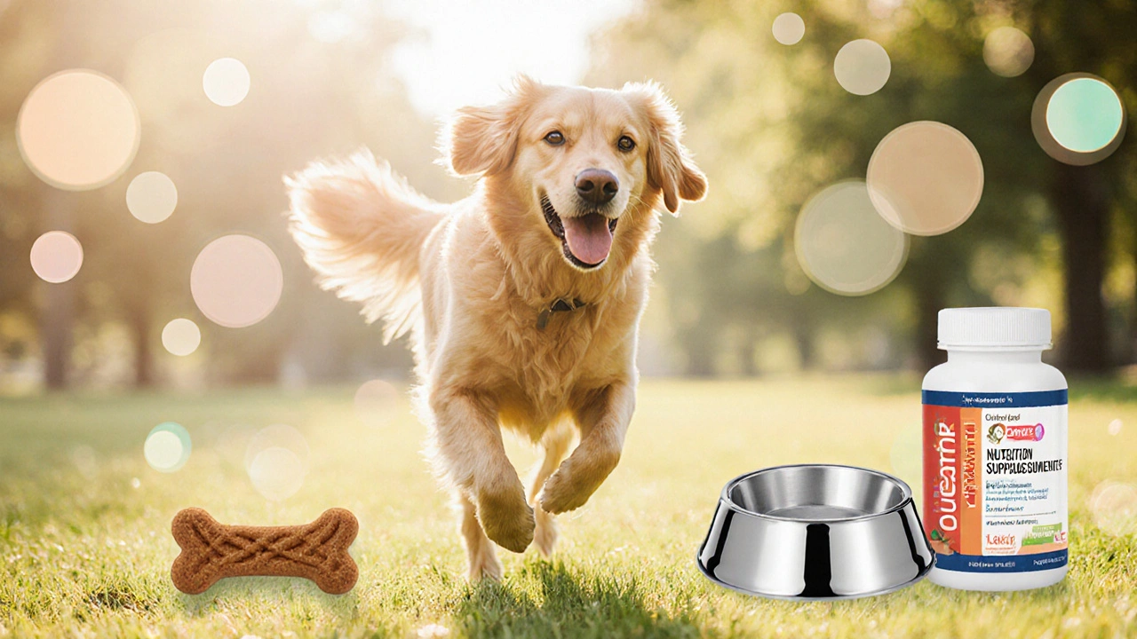 Энергичный здоровый щенок играет, рядом вода и витамины.