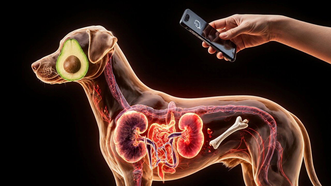 Прозрачное изображение внутренностей собаки с токсинами, повреждающими сердце, почки и кишечник.