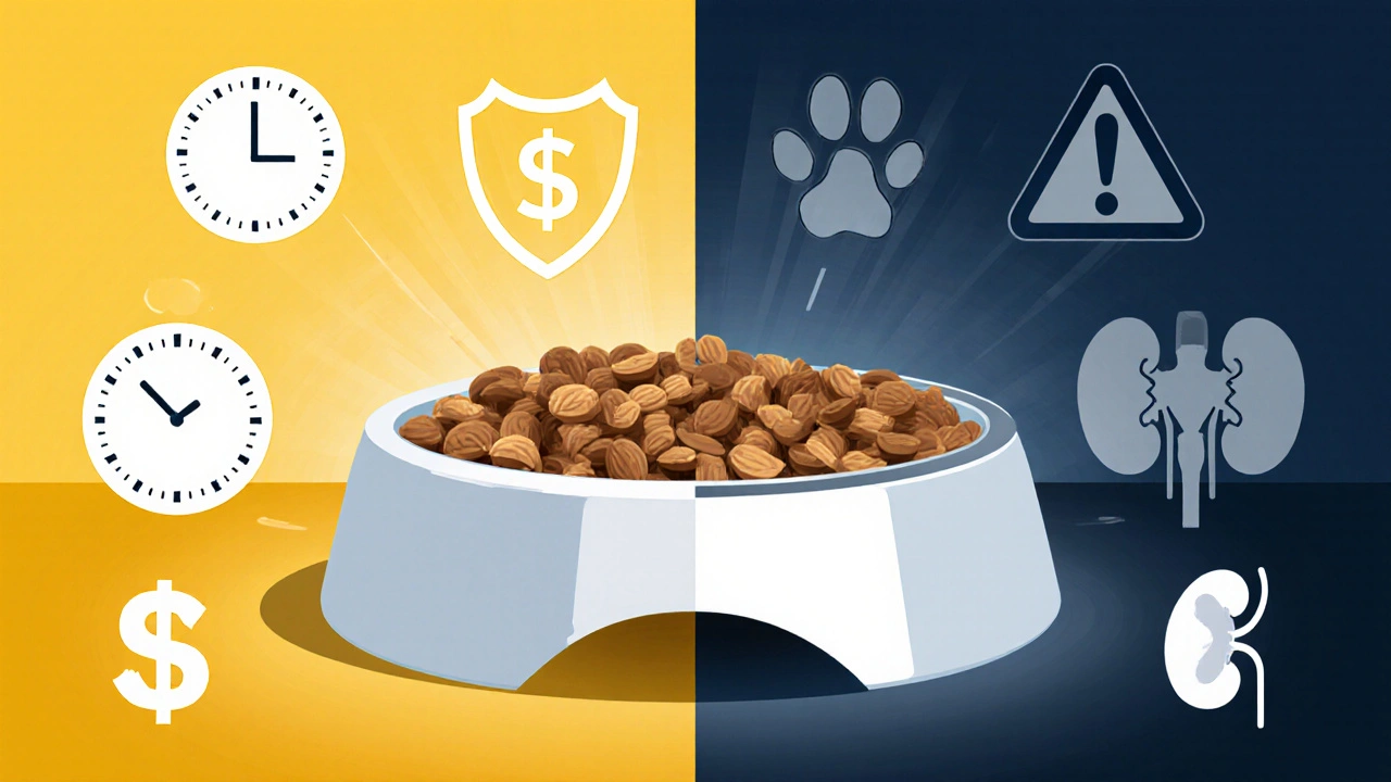 Разделённый образ: преимущества сухого корма слева, недостатки справа, без текста.