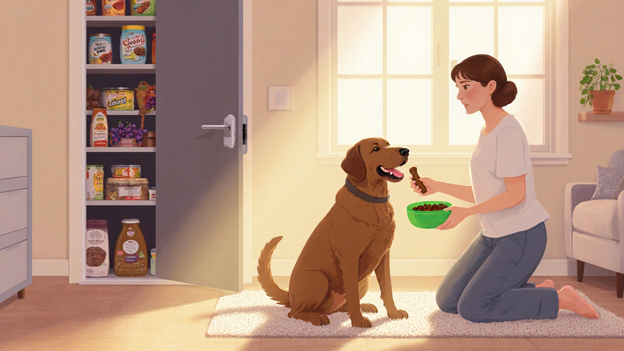 Счастливая собака получает безопасное лакомство, а опасные продукты спрятаны в закрытом шкафу.