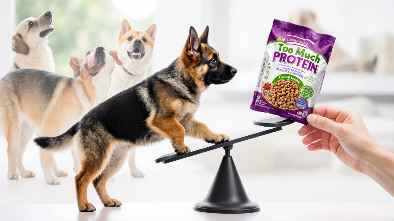 Щенок крупной породы на весах с избытком белка, ветеринар кладет специальный корм для щенков.