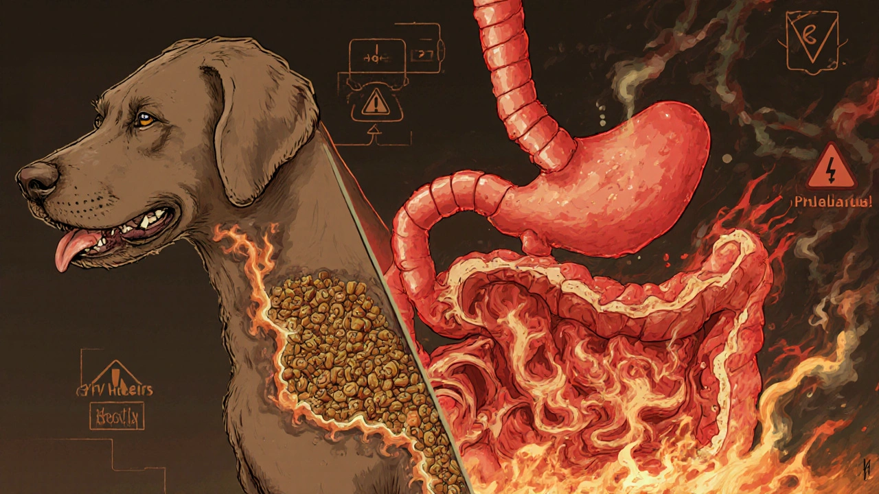 Схема пищеварения собаки с конфликтом между сухим кормом и мясом.