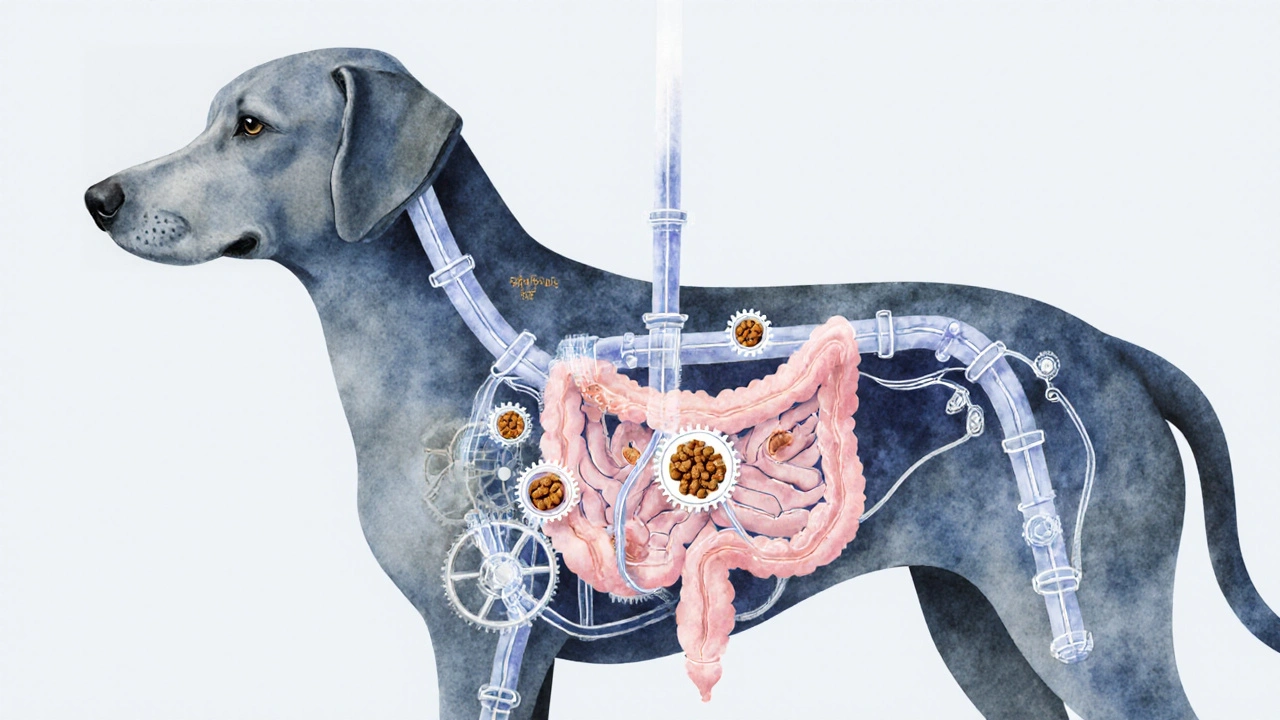 Схема пищеварительной системы собаки, показывающая стресс от смены корма.