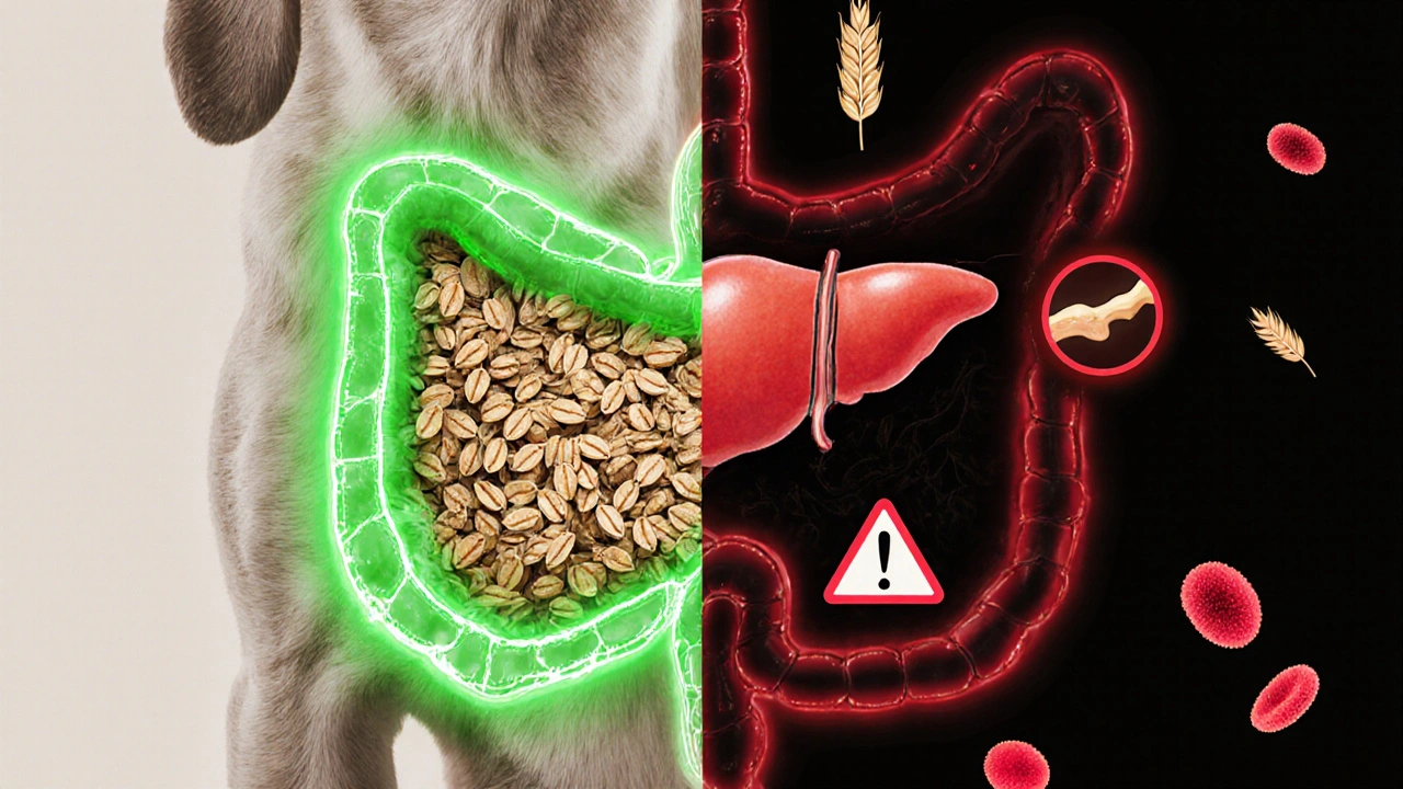Схематичное изображение пищеварения: здоровая гречка и опасное пшено внутри тела собаки.