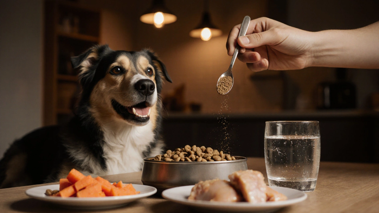 Собака ест смесь сухого корма, консервов, свежего мяса и овощей, рядом вода и добавки.