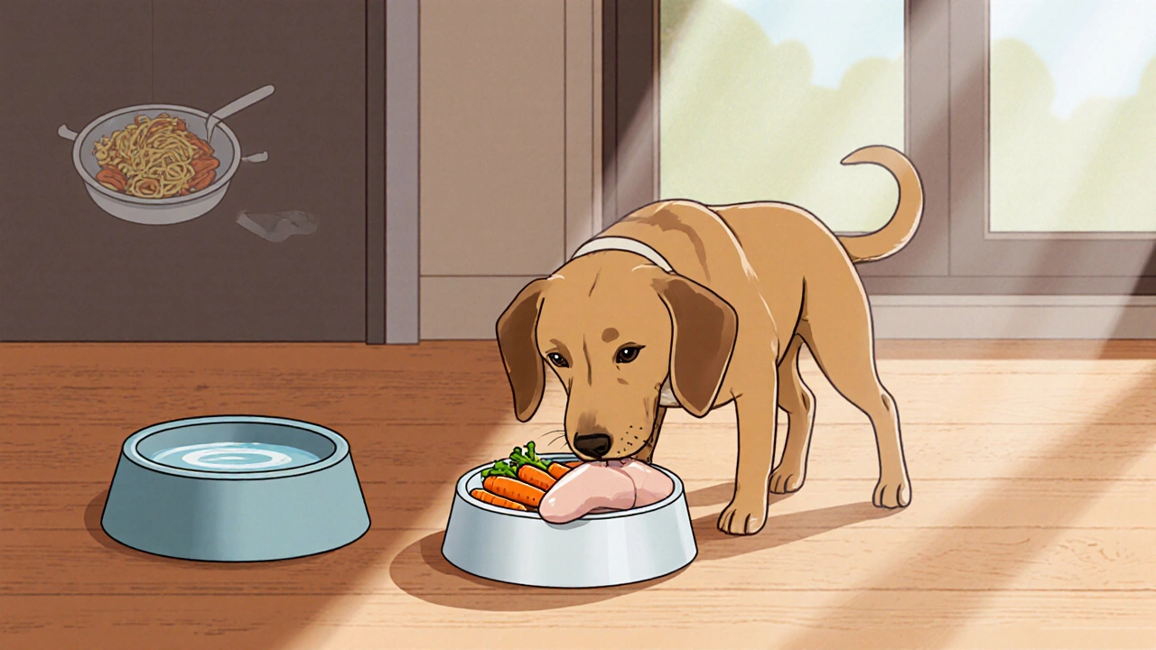 Собака ест варёную куриную грудку и морковь из миски на полу.