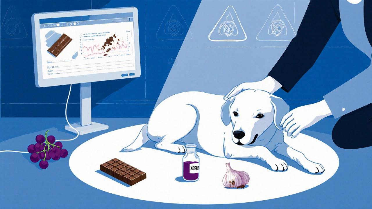 Собака на полу ветклиники, вокруг — следы отравления: шоколад, чеснок, изюм.