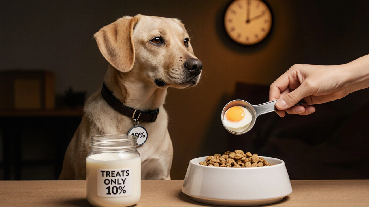 Собака получает маленькую порцию лакомства из банки, рядом основной корм.