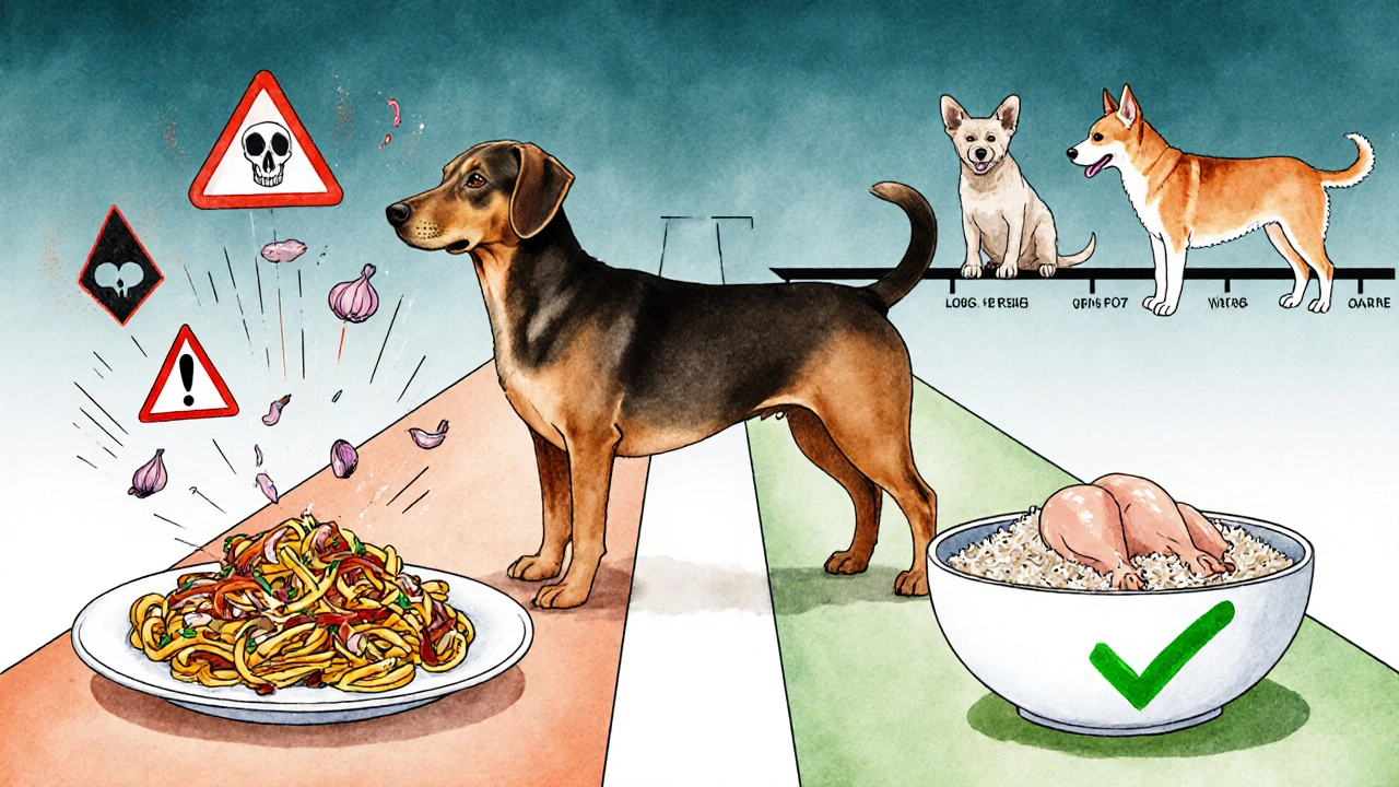 Собака стоит между опасной человеческой едой и безопасной пищей для собак.