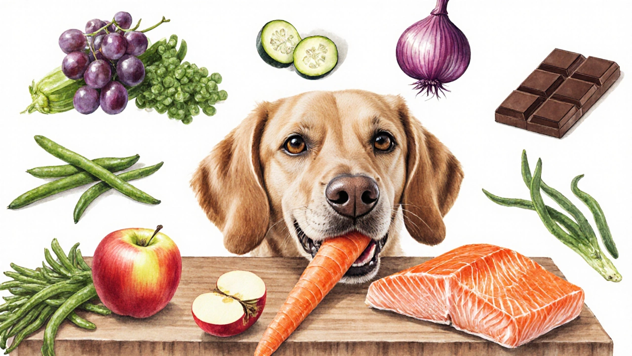 Собака жуёт морковь и яблоко, рядом безопасные овощи, а вредные продукты размыты.