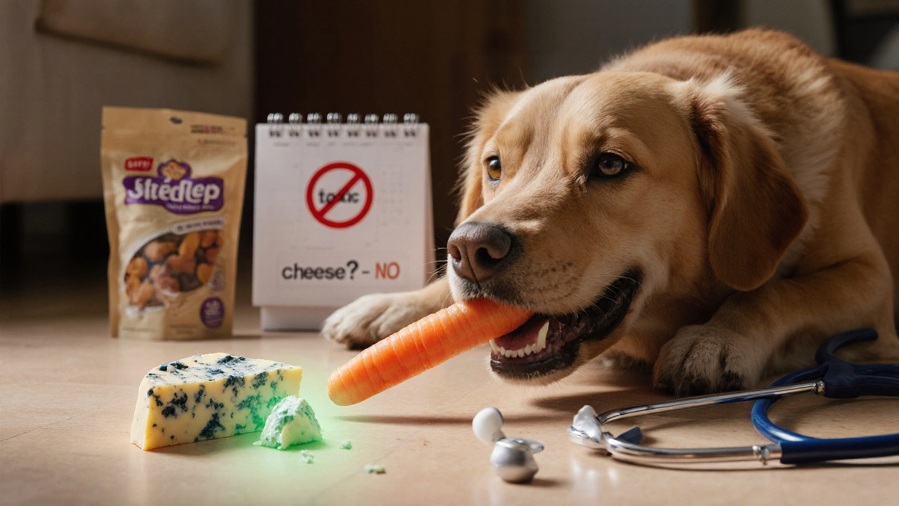 Собака жует морковку, а синий сыр лежит рядом с предупреждающим сиянием.