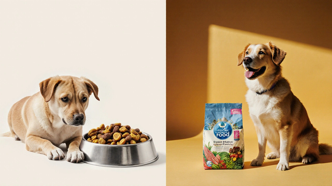 Сравнение: собака с тусклой шерстью рядом с дешевым кормом и активная собака с холистиком.