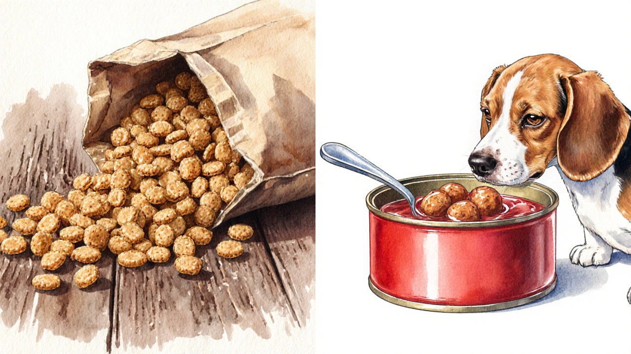Сравнение сухого кекса и влажного корма для собак.