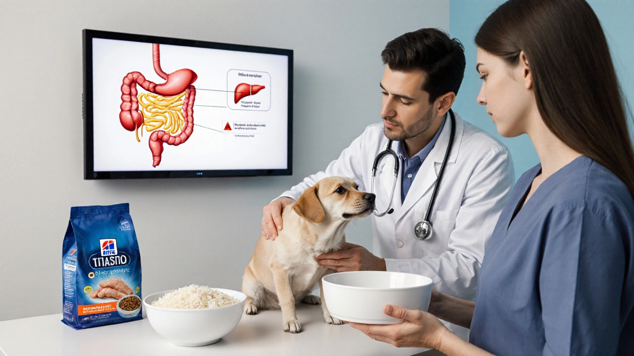 Ветеринар осматривает собаку, рядом пустая макаронная тарелка и корм для чувствительного желудка.