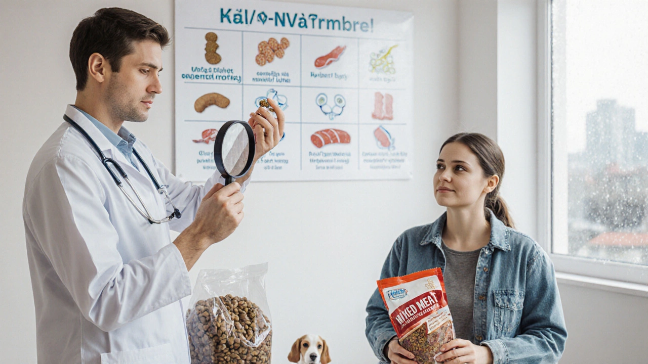 Ветеринар в клинике проверяет кал собаки, владелец держит корм и мясо.