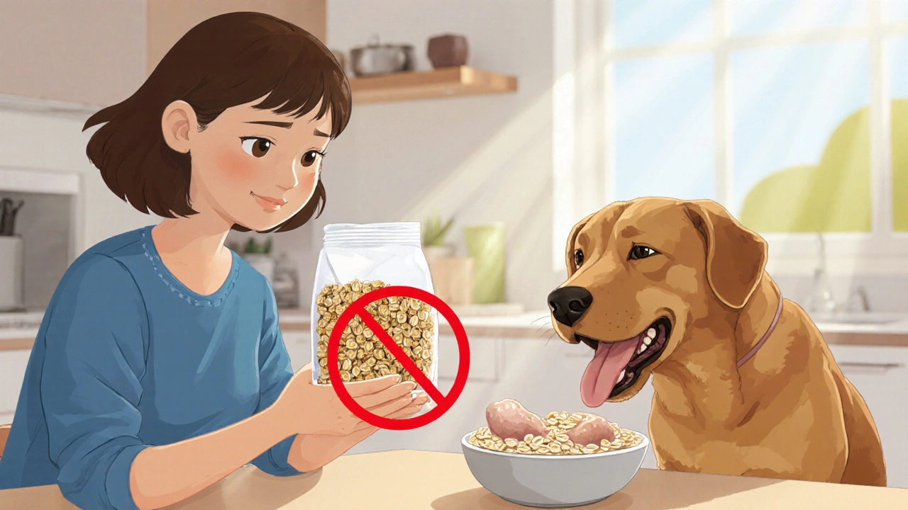 Владелец держит запрещённое пшено, рядом — собака ест овсянку.