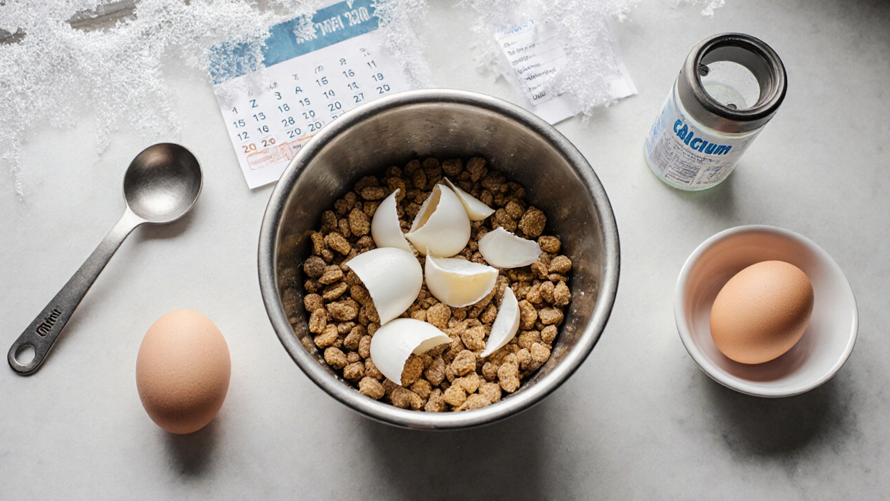 Яичная скорлупа и корм в миске рядом с вареным и сырым яйцом