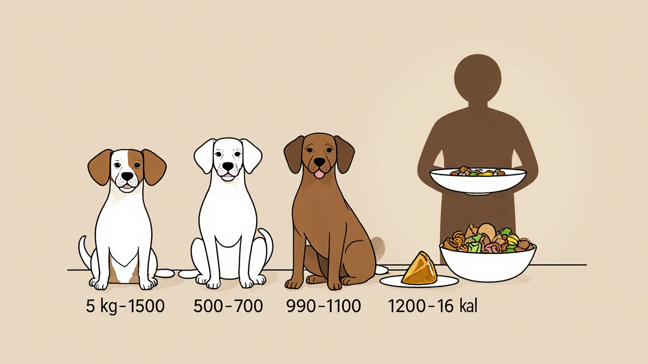 Четыре собаки разных размеров с указанной суточной нормой калорий, рядом — силуэт человека с большой тарелкой.