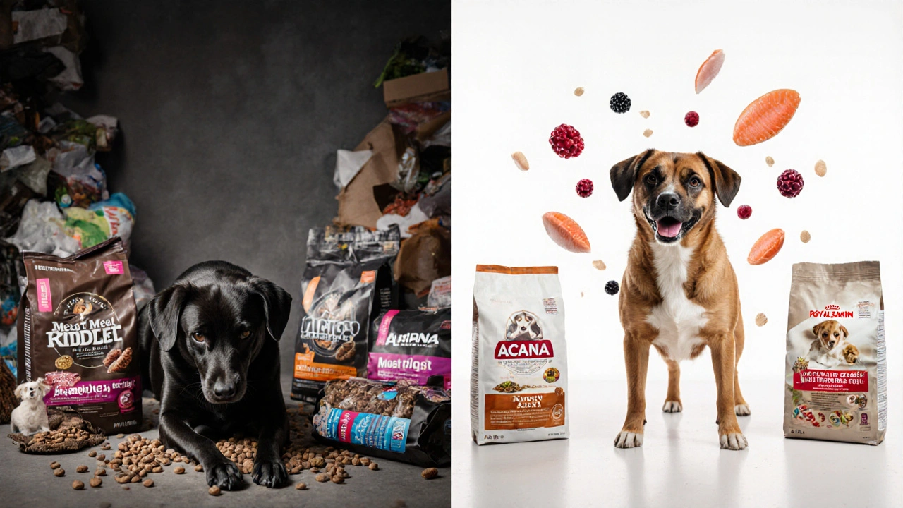 Два состояния собаки: слабая с дешевым кормом и здоровая с премиальным кормом.