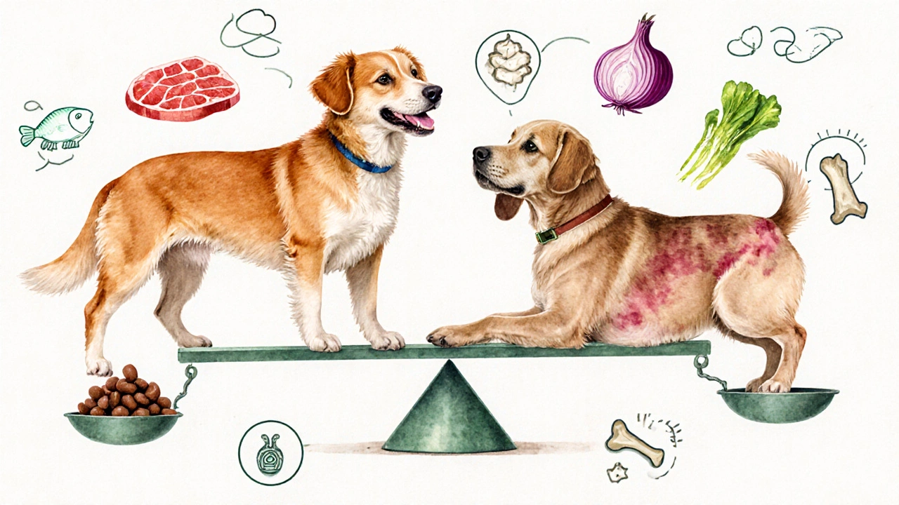 Два состояния собаки: здоровая с блестящей шерстью и больная с тусклой шерстью, разделённые весами полезных и вредных продуктов.