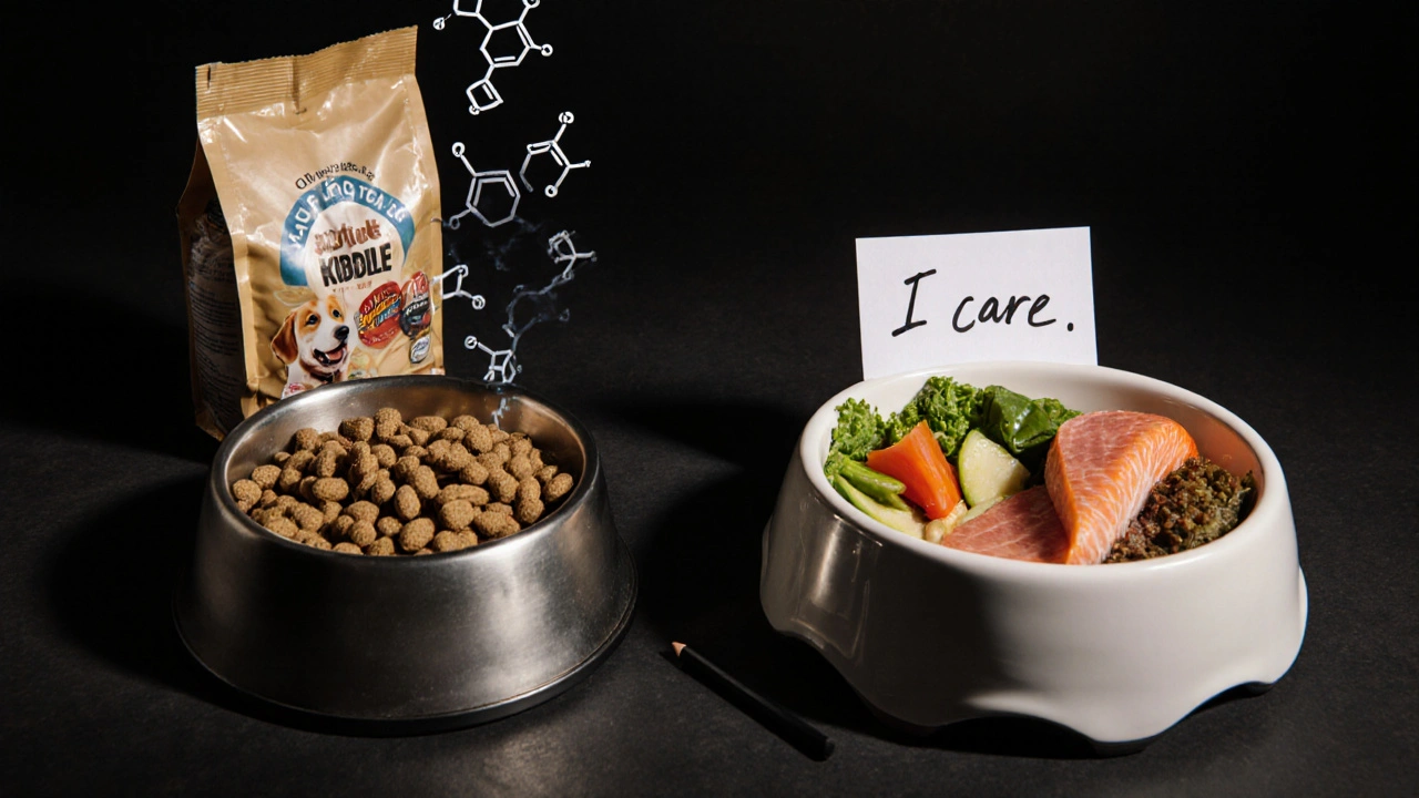 Две миски: одна с сухим кормом и химическими символами, другая — с натуральной едой и запиской &#039;Я заботлюсь&#039;.
