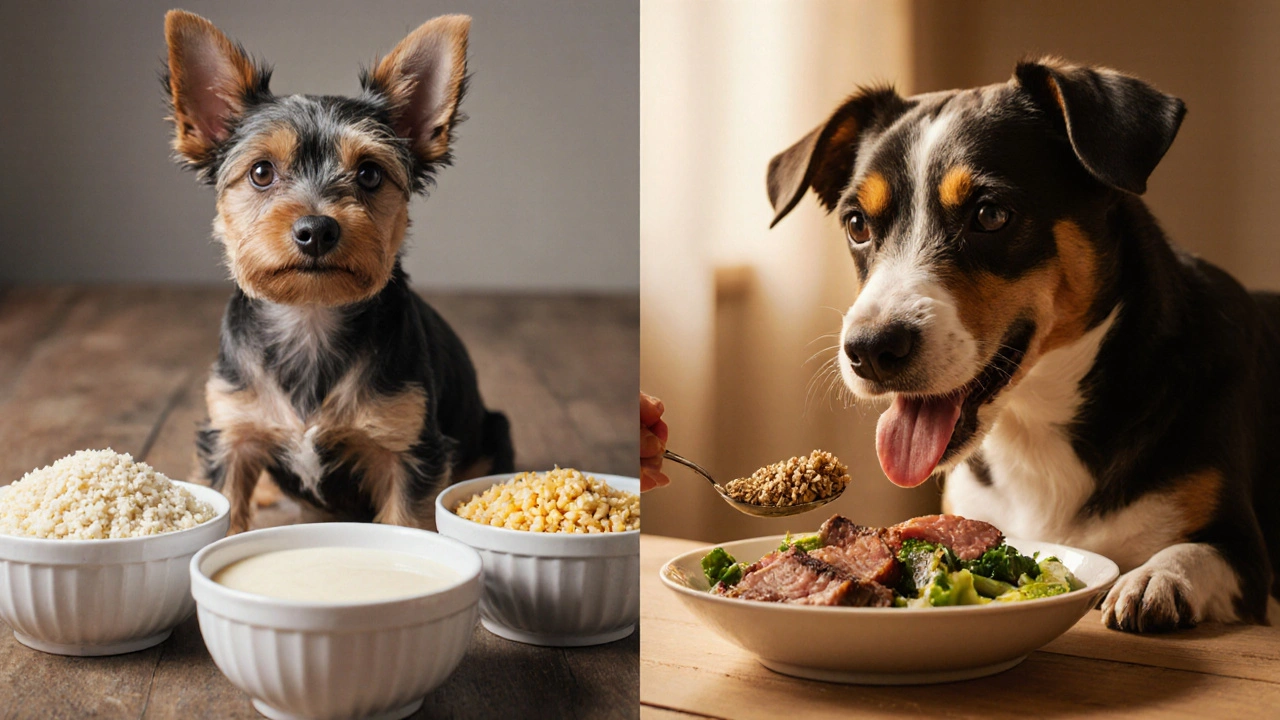 Две собаки: одна больная от каши, другая здоровая — сбалансированное питание.