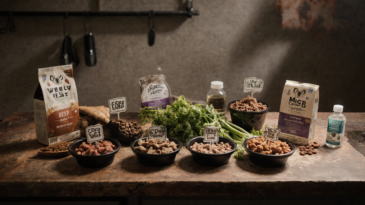 Еженедельный рацион собаки с мясом и овощами на кухонной стойке, без упаковок и надписей.