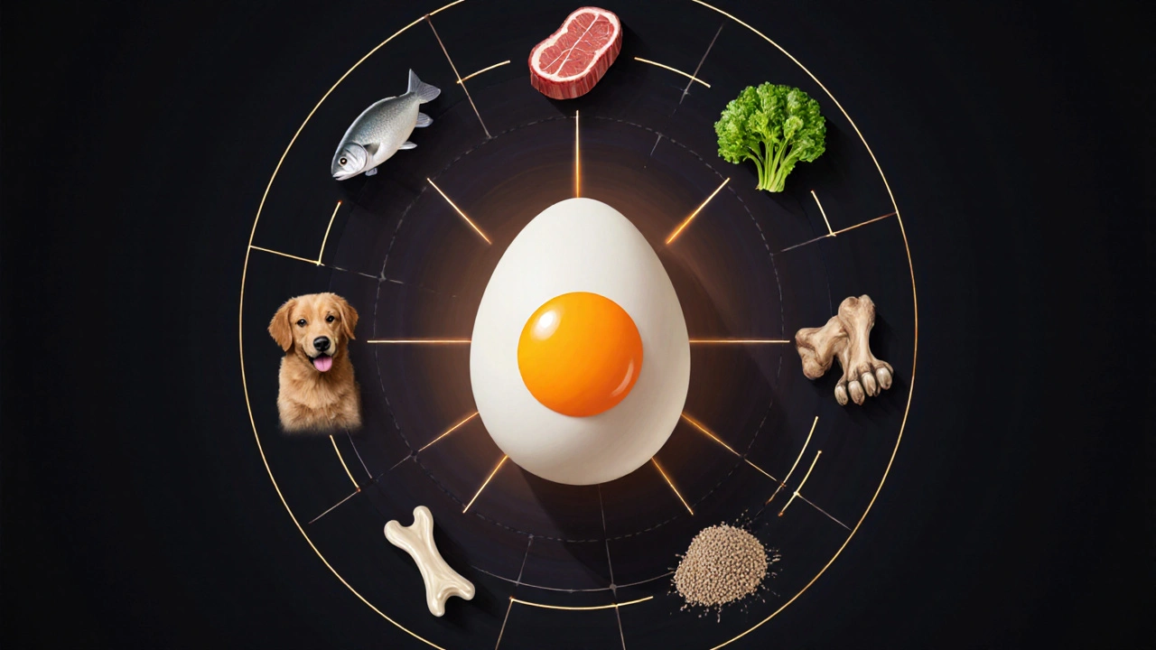 Круговая диаграмма сбалансированного рациона собаки с яйцом в центре.