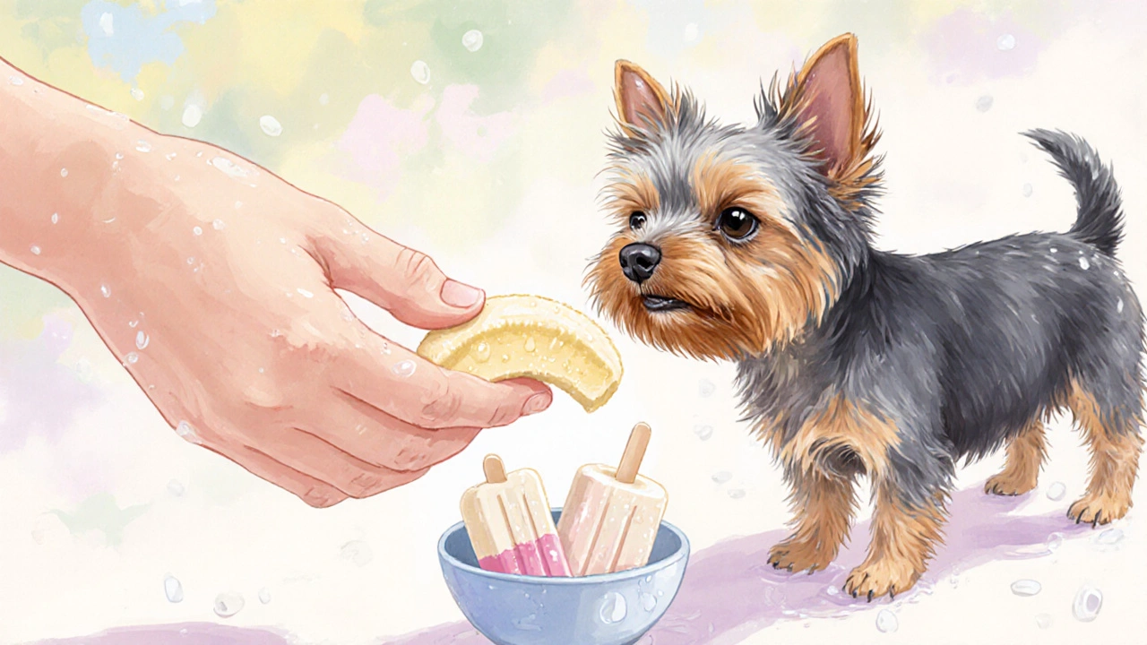 Маленькая собака получает замороженный кусочек банана от руки.