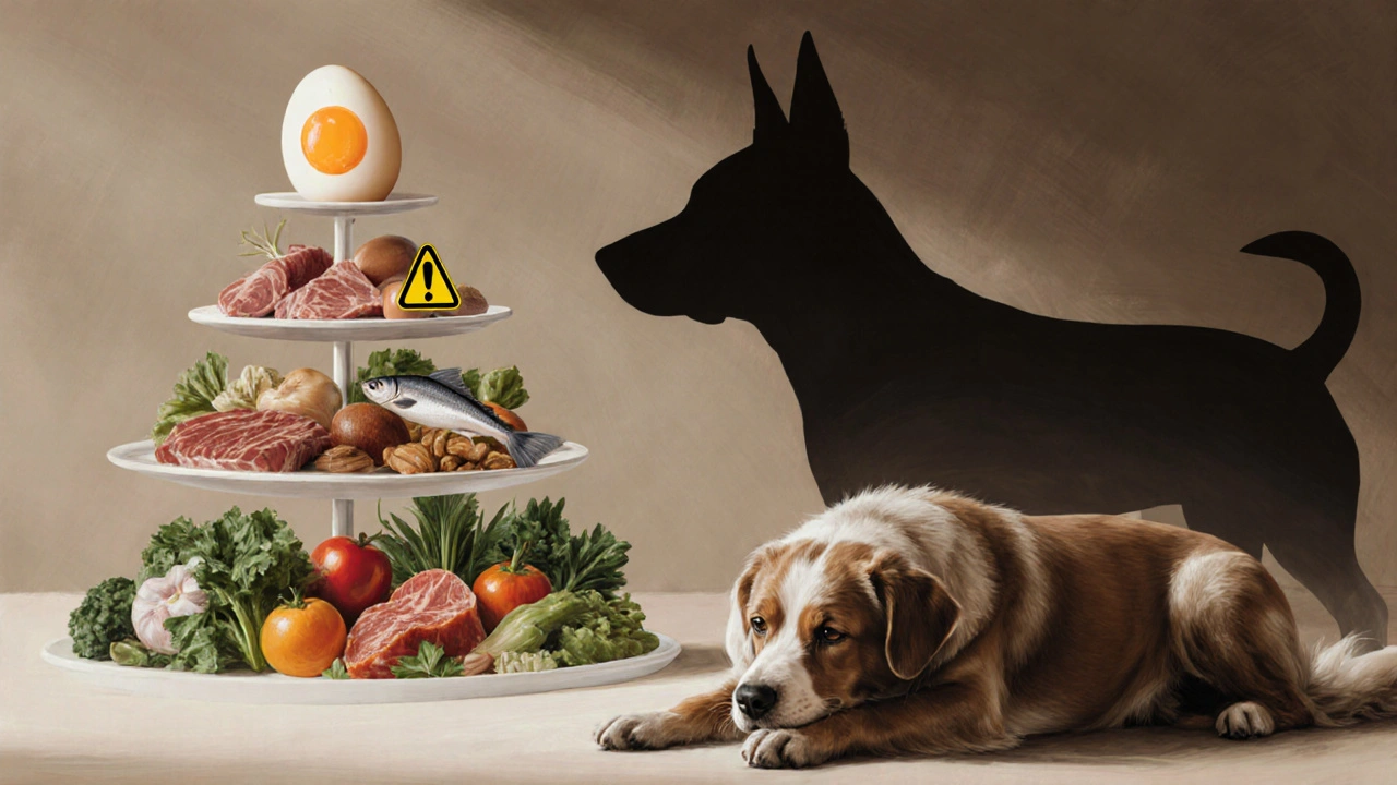 Пирамида сбалансированного рациона собаки с яйцом наверху, сырое яйцо в тени.