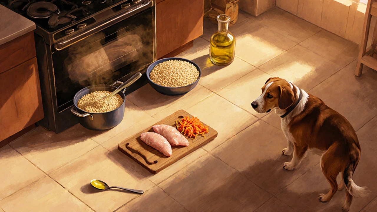 Подготовка сбалансированного корма для собаки: гречка, курица, морковь и льняное масло.