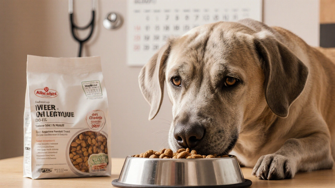 Пожилая собака ест размоченный корм, рядом ветеринарный рацион.