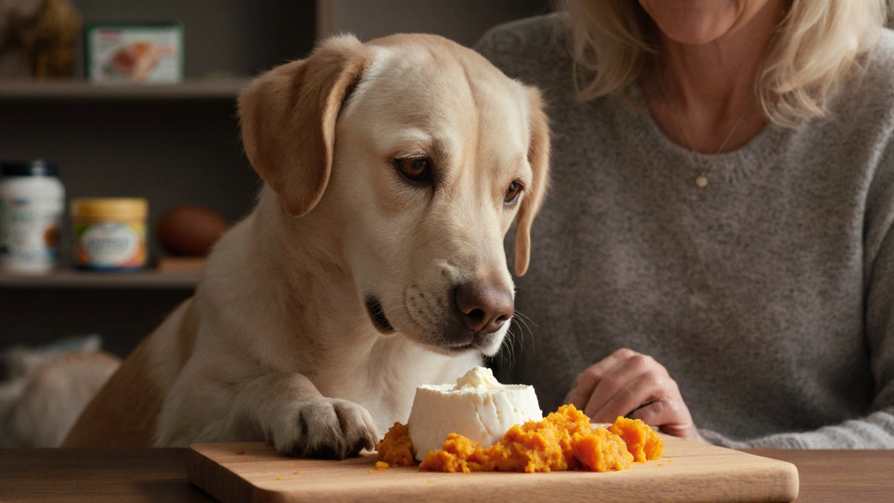 Пожилая собака ест творог с тыквой на деревянной доске.