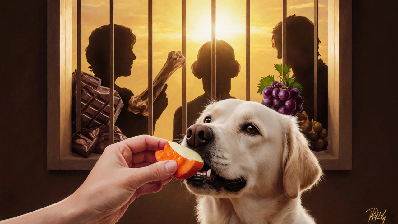 Рука человека дает собаке безопасное лакомство, а за спиной — запертые ядовитые продукты в шкафу.