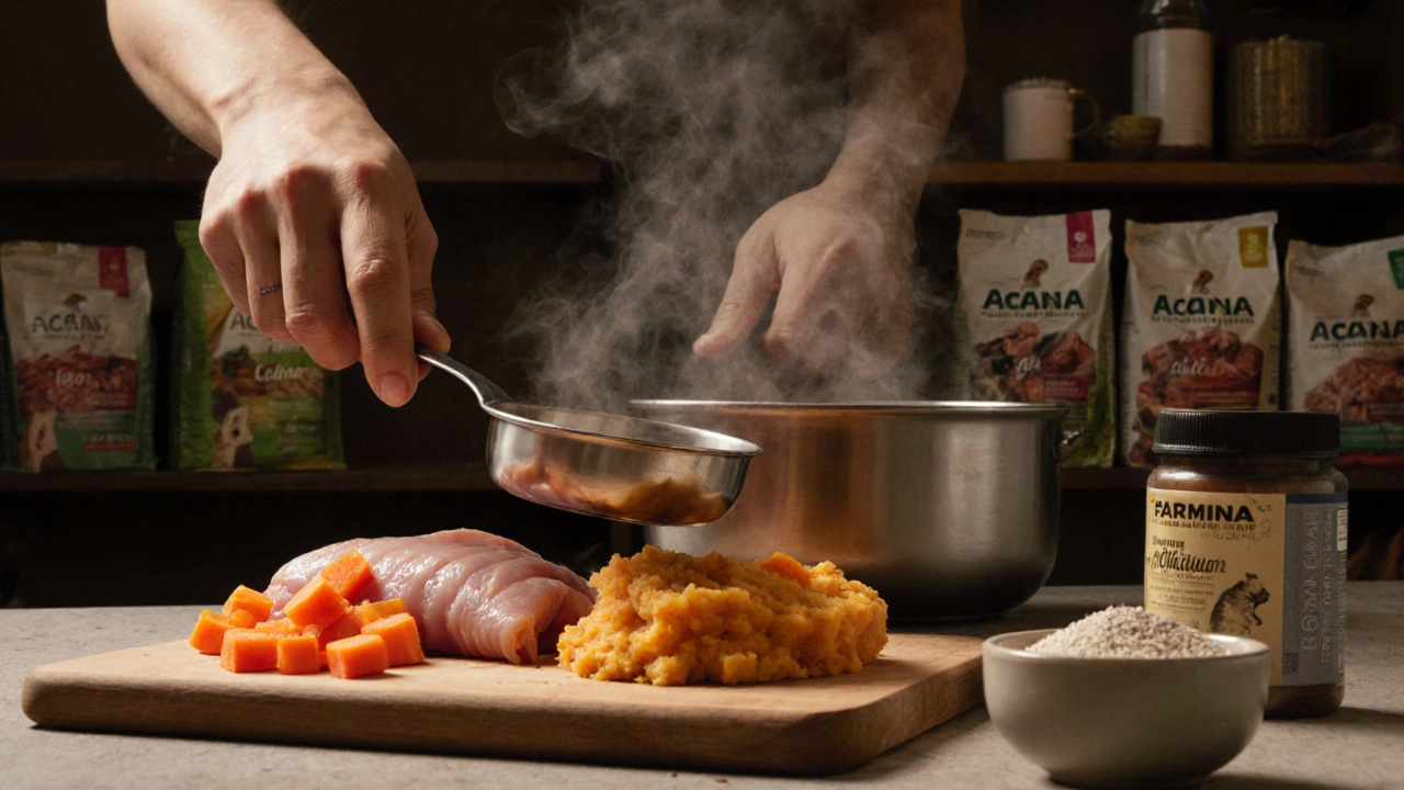 Рука готовит натуральный корм для собаки: мясо, овощи и порошок яичной скорлупы на деревянной доске.