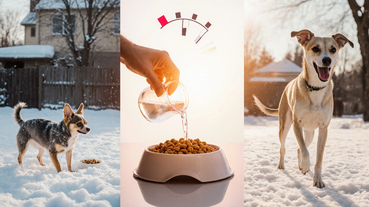 Сезонное сравнение: зимой собака ест холодную еду, летом — тёплую, в центре — подогрев корма.