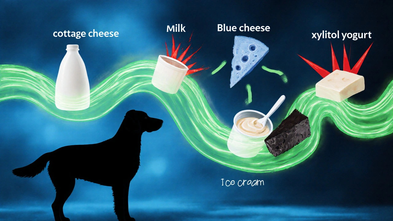 Схема пищеварения собаки: безопасные продукты — зелёные волны, вредные — красные шипы.