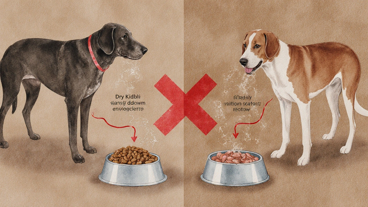 Схема пищеварения собаки: два разных пути переваривания корма, перекрещенные красным крестом.