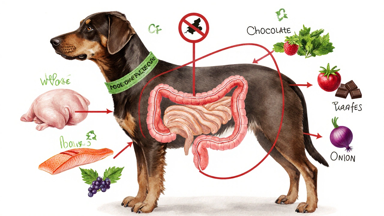 Схема пищеварительной системы собаки с полезными и вредными продуктами, изображенными как символы.