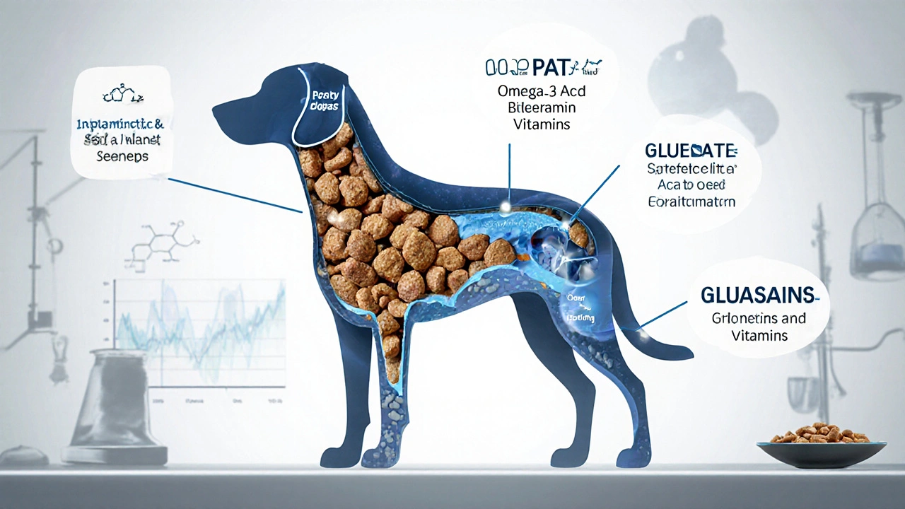 Схема состава качественного сухого корма для собак с нутриентами.