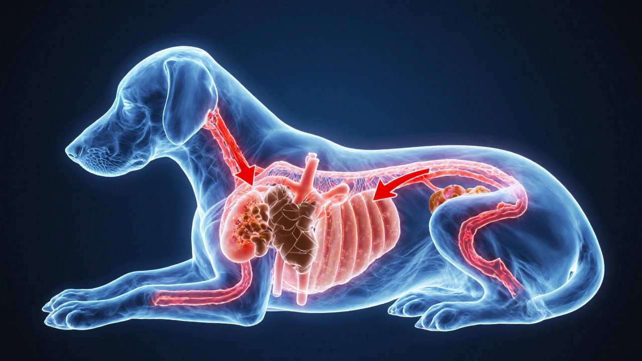 Схема внутренних органов собаки с путями токсинов из шоколада, лука и винограда.