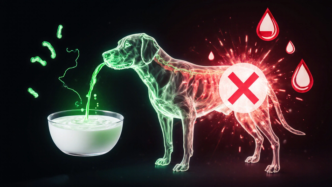 Схематичное изображение пищеварительной системы собаки с потоками полезных и вредных веществ.