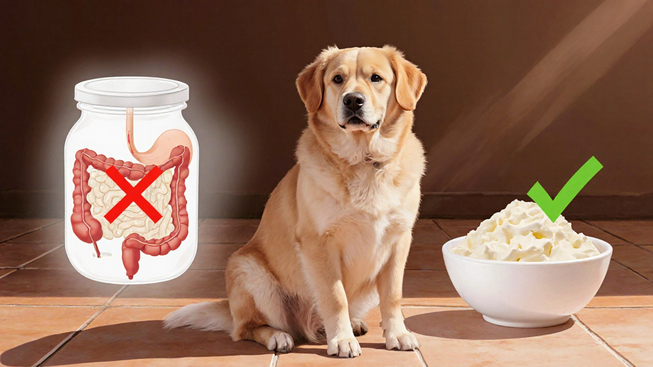 Собака чувствует себя плохо, рядом — творог с сахаром и без него.