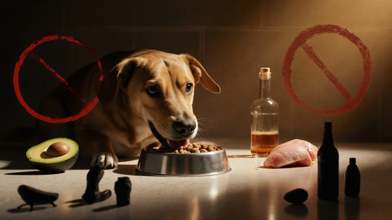 Собака ест качественный корм, а опасные продукты исчезают в тени.