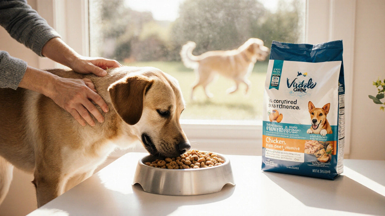 Собака ест качественный корм с чистым составом, хозяин гладит её, солнечный свет освещает упаковку с сертификатами.