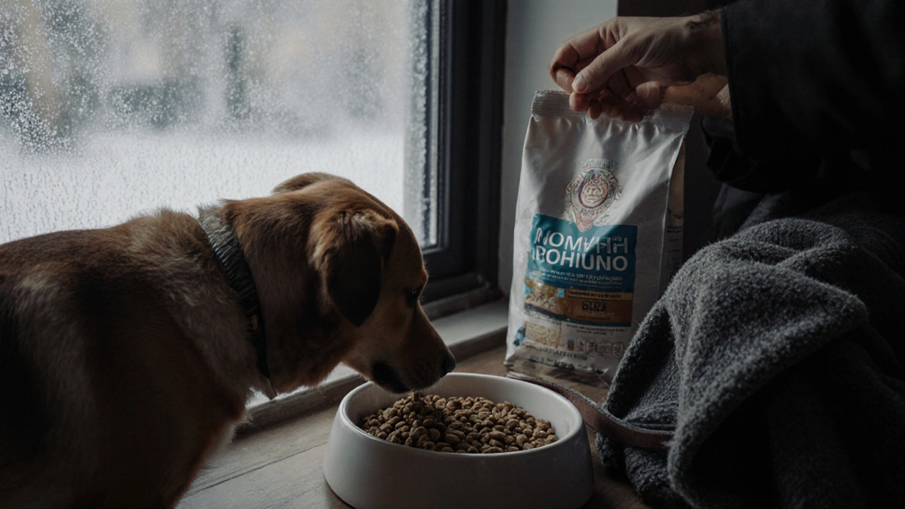 Собака ест сухой корм у окна в зимнем Петербурге, за окном мороз, внутри уютно, рядом упаковка корма.