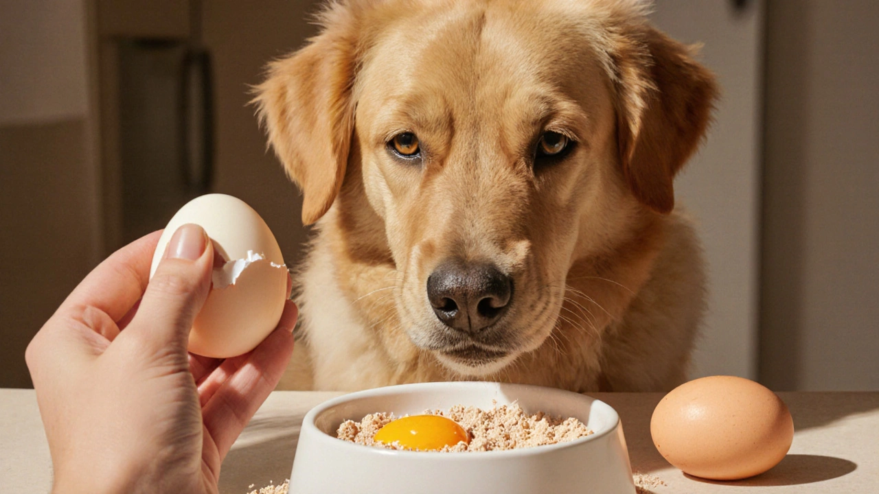 Собака ест варёное яйцо с измельчённой скорлупой в миске.