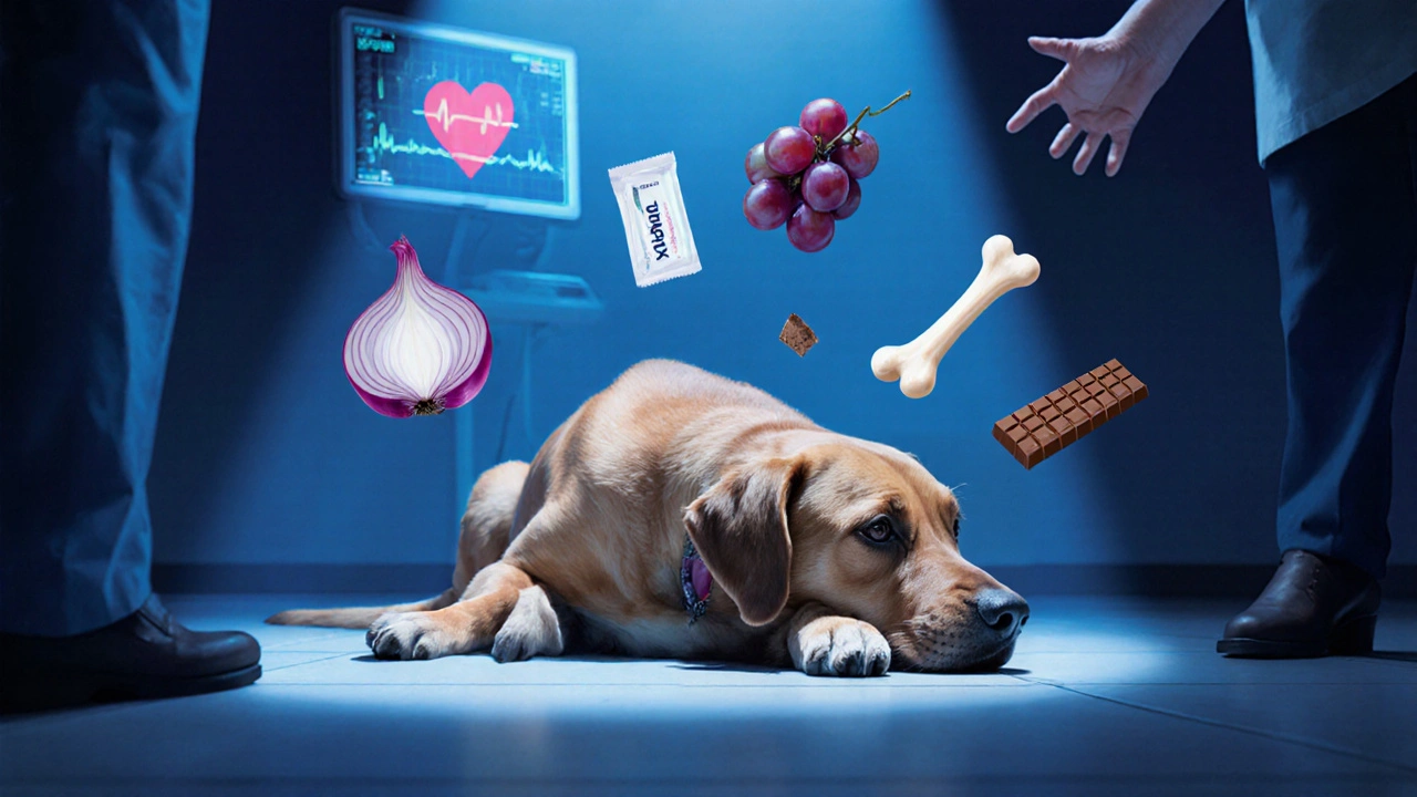 Собака на ветеринарном полу, вокруг неё плавают токсичные продукты.